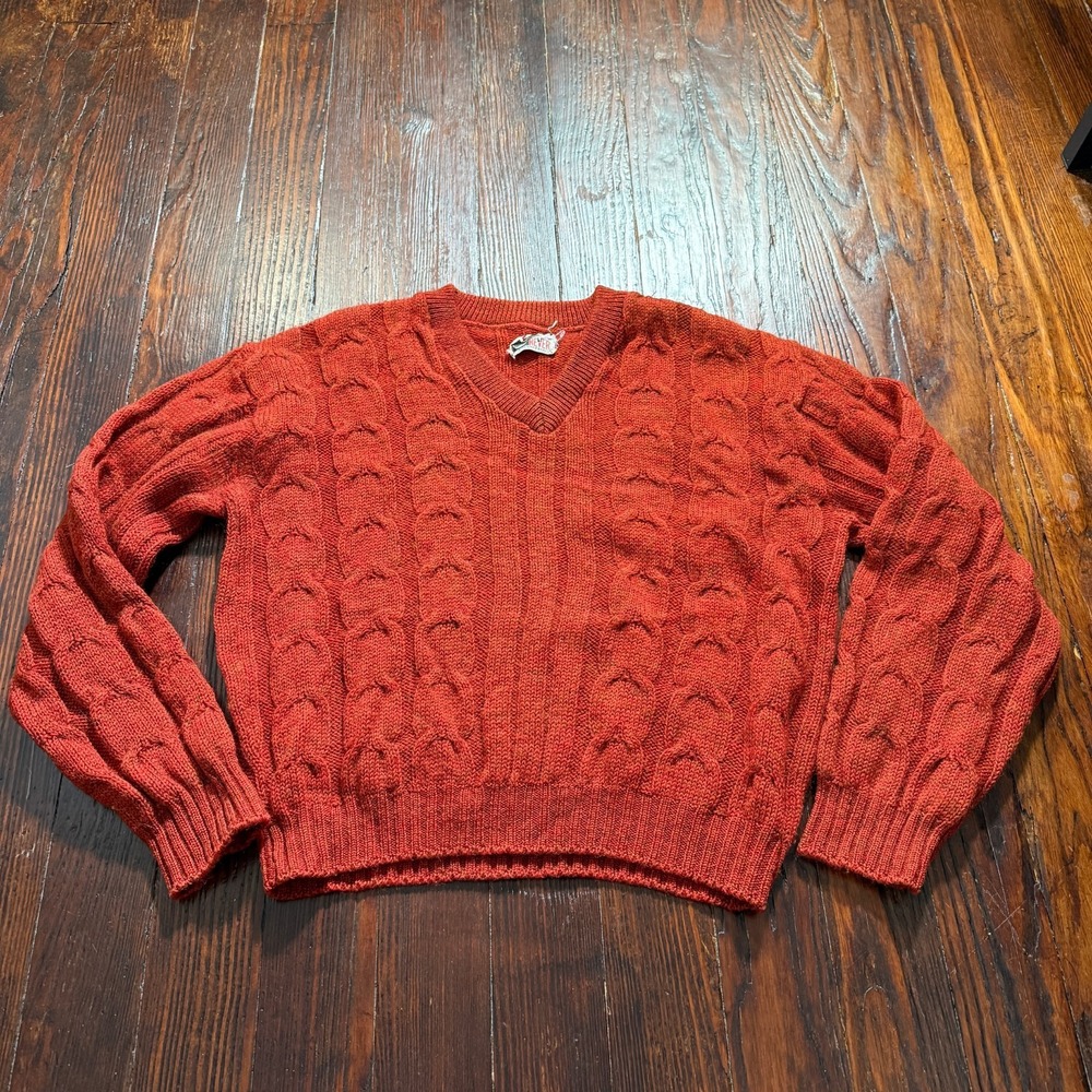 Vintage 50s Revere Sweater‎ Womens Large Cable Fisherman V Neck Boxy Virgin Wool